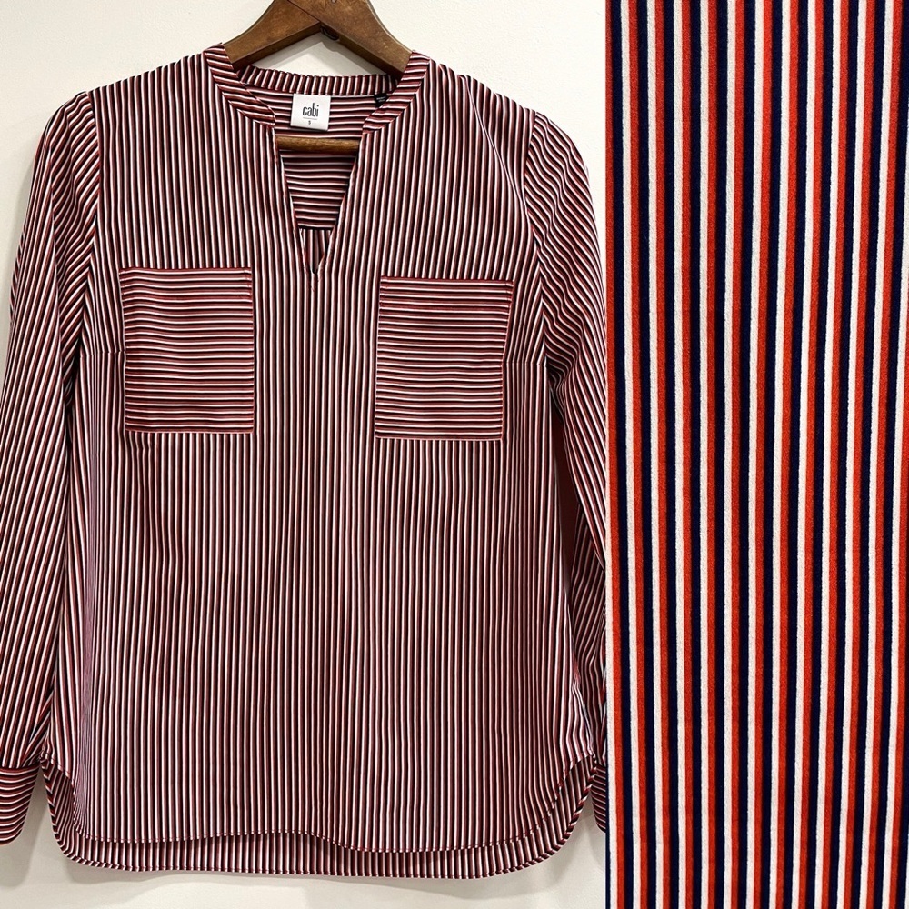 Cabi Franklin Red White Blue Patriot Striped Split Neck Blouse #5335 Small